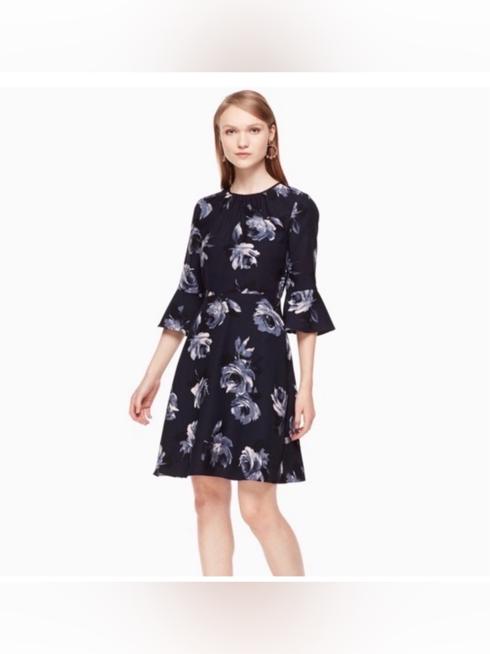 EUC SZ 2 Kate Spade Night Rose Navy Floral Bell Sleeve A line dress